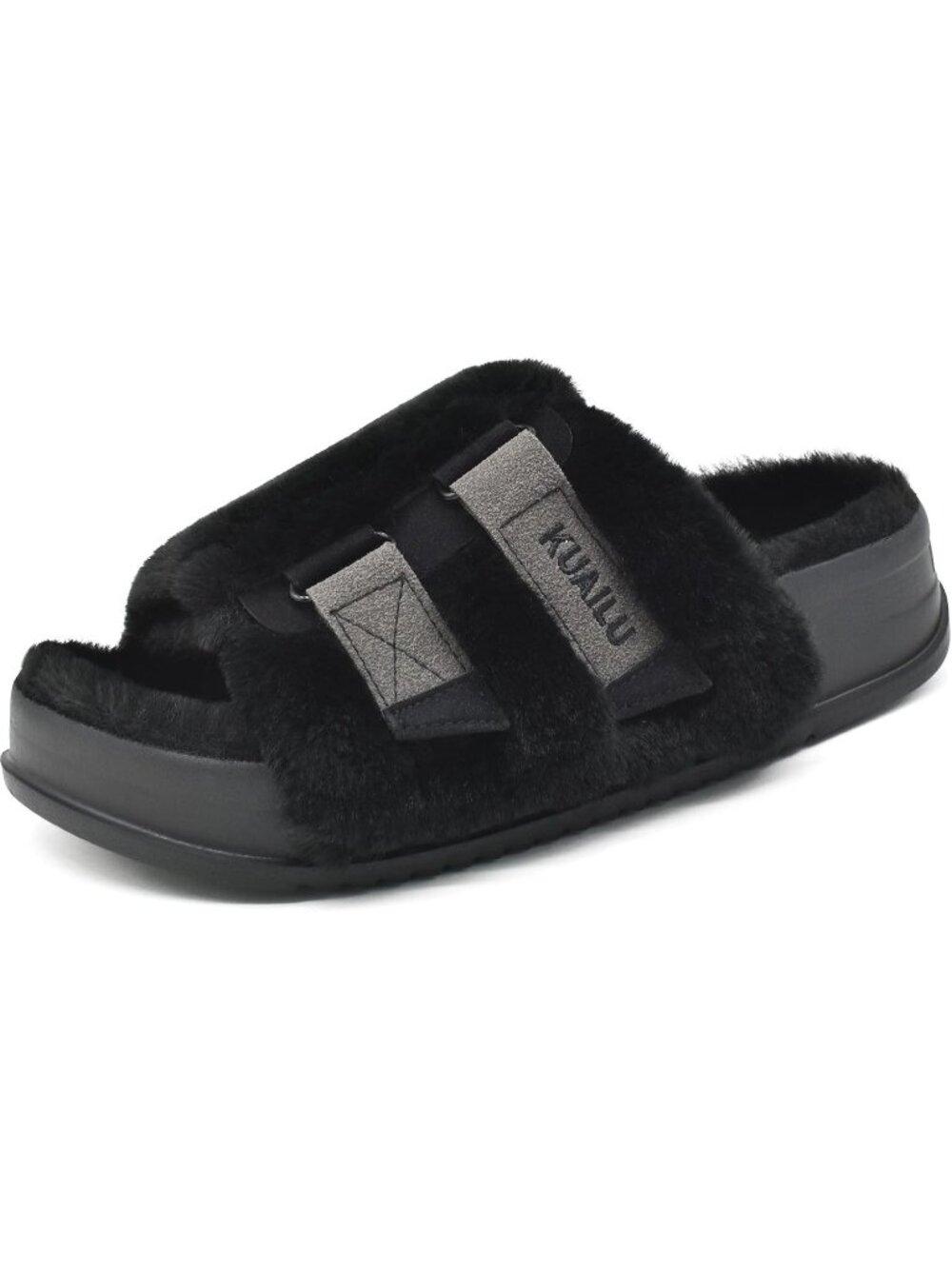Women's Plush Black Soft Cushioned & Adjustable Fuzzy Faux Fur Slippers Slides
